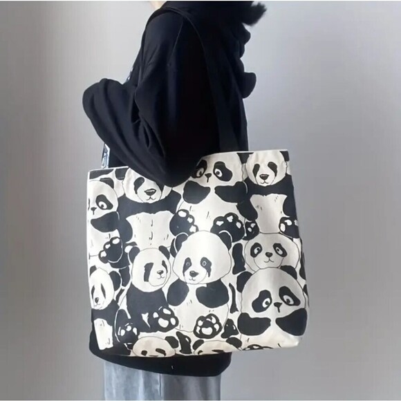 Canvas panda bear tote Cotton Large bag shopping accessory carryon - Picture 1 of 6